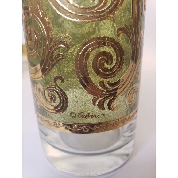 Vintage Culver Signed 24K Gold Green Toledo Cocktail Martini Pitcher & 6 Glasses - Picture 7 of 15